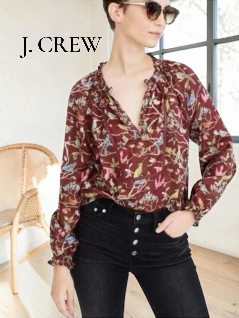 J. Crew Point Sur Deep Brown Ruffle Blouse Cottage Bird Print Semi Sheer Top